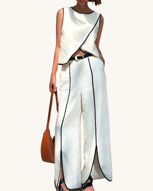 Contrast Trim Sleeveless Top and Wide-Leg Pants Set
