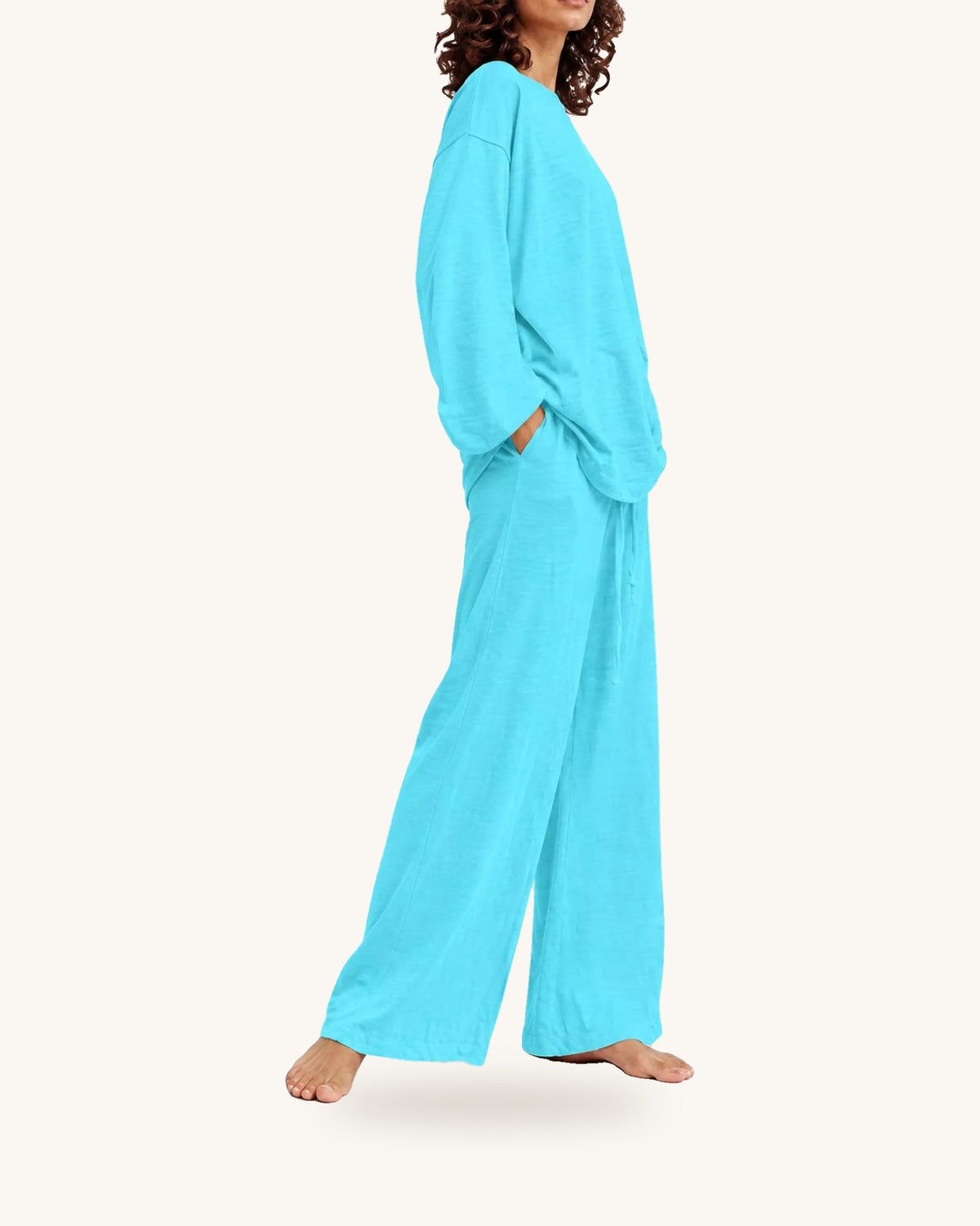 Full Size Round Neck Top and Drawstring Wide-Leg Pants Set Plus Size