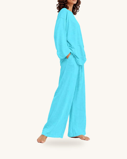Full Size Round Neck Top and Drawstring Wide-Leg Pants Set Plus Size