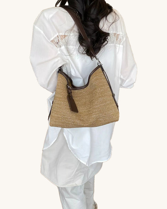 Leather Trim Woven Shoulder Bag
