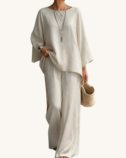 Linen Boat Neck Top and Wide-Leg Pants Set