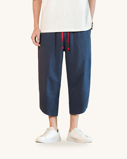 Men's Plus Size Casual Linen Cropped Pants with Drawstring