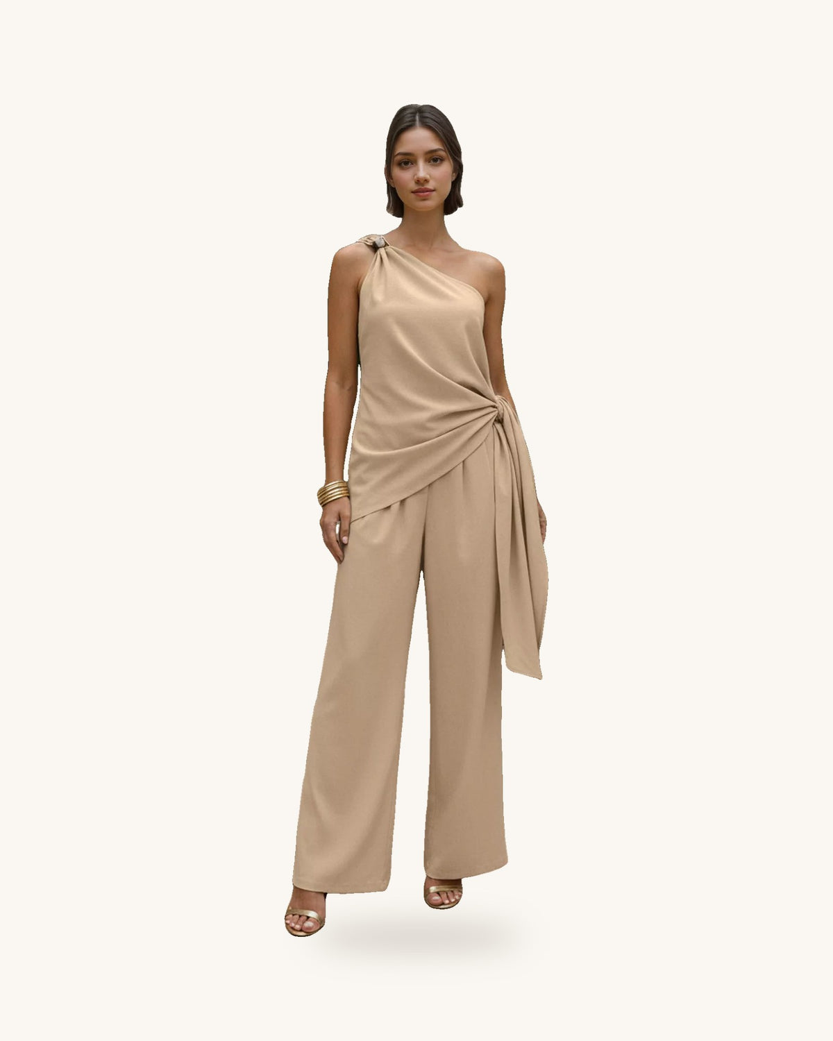 One-Shoulder Tie-Waist Top and Wide-Leg Pants Set