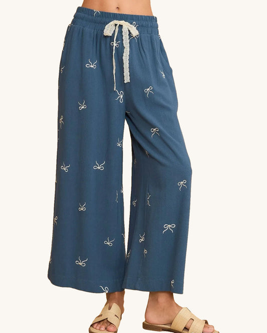 Umgee Full Size Lace Drawstring Embroidered Bow Wide Leg Pants Plus Size – Dusty Blue