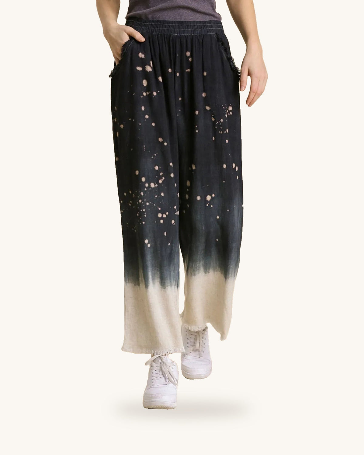 Umgee Full Size Raw Hem Linen Blend Bleach Dip Dye Wide Leg Pants Plus Size